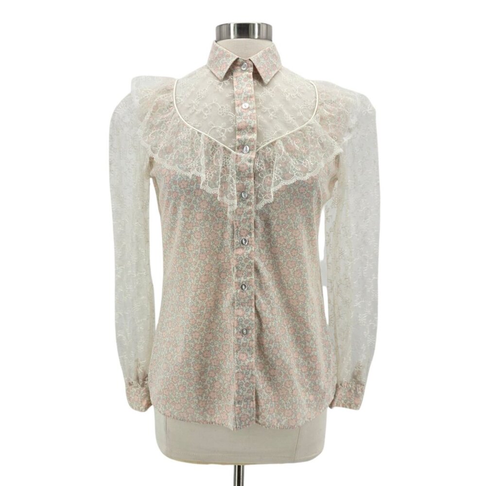 Vintage Cameo Rose Womens 11/12 Top Floral Lace Button Ivory Pink Western READ